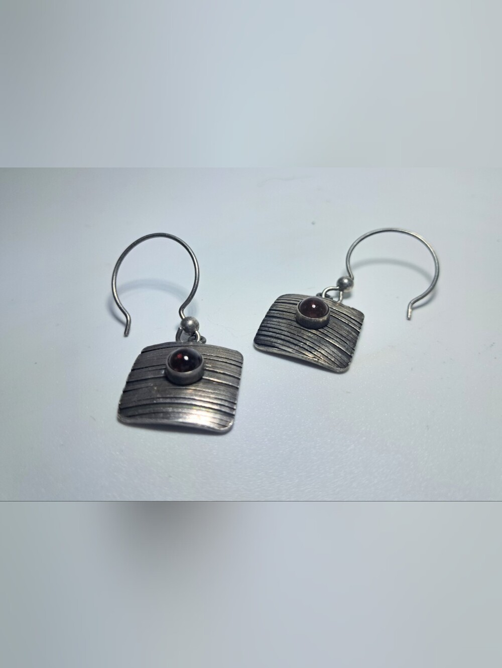 Vintage Anatoli Signed Sterling Silver 925 Garnet Cabochon Square Drop Earrings